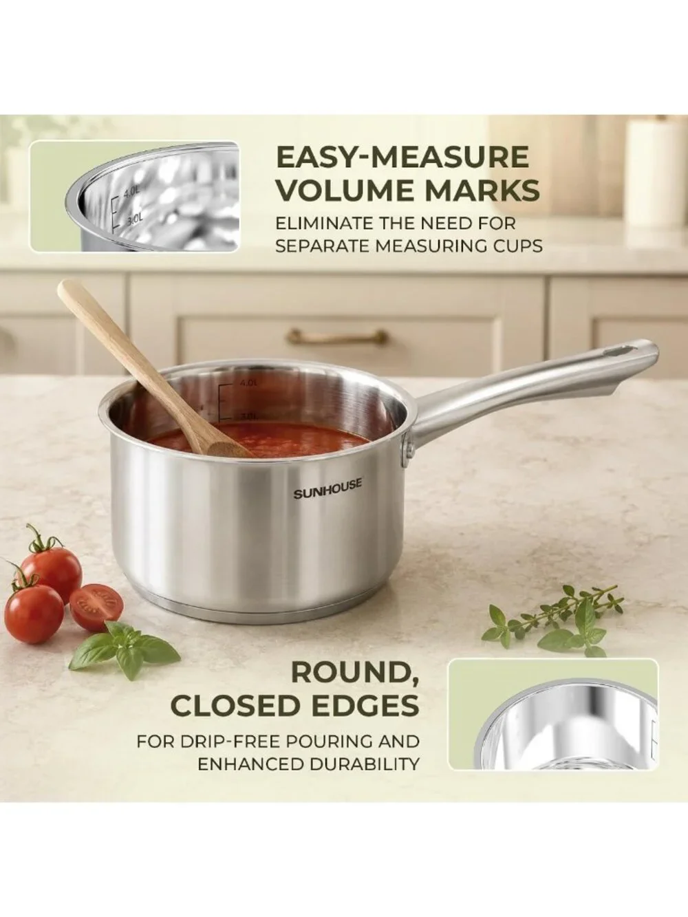 3-Piece Stainless Steel Saucepan Set with Lids - 1.5QT, 2QT, 3QT Cookware Set